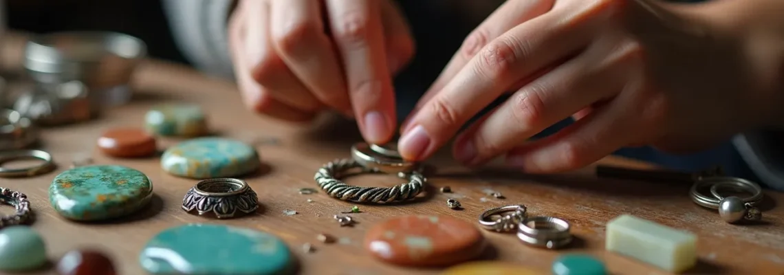 Illustration principale représentant des mains en train de créer des bijoux avec des pierres semi-précieuses et des apprêts élégants sur une table de travail artisanale
