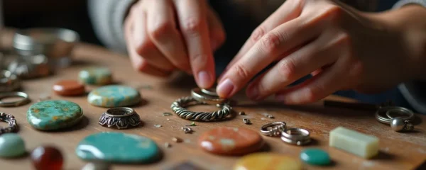 Illustration principale représentant des mains en train de créer des bijoux avec des pierres semi-précieuses et des apprêts élégants sur une table de travail artisanale