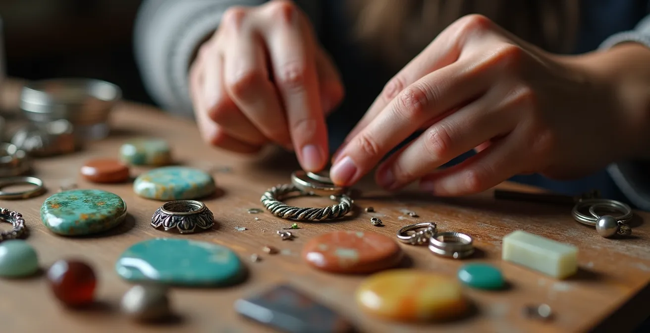 Illustration principale représentant des mains en train de créer des bijoux avec des pierres semi-précieuses et des apprêts élégants sur une table de travail artisanale