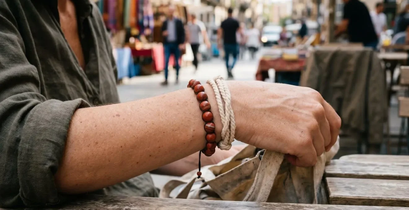 Poignet féminin portant un bracelet en perles de jaspe rouge et un bracelet en corde de coton.