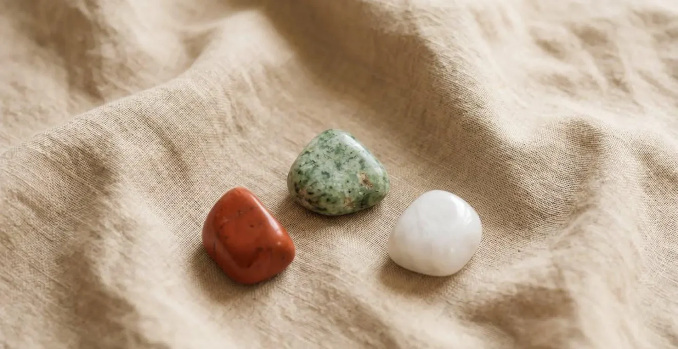Trois pierres naturelles polies - jaspe rouge, amazonite, howlite - posées sur un drapé en lin beige.