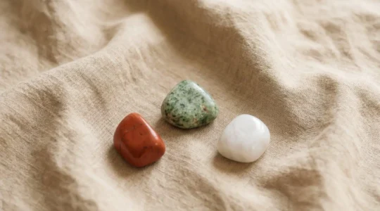 Trois pierres naturelles polies - jaspe rouge, amazonite, howlite - posées sur un drapé en lin beige.